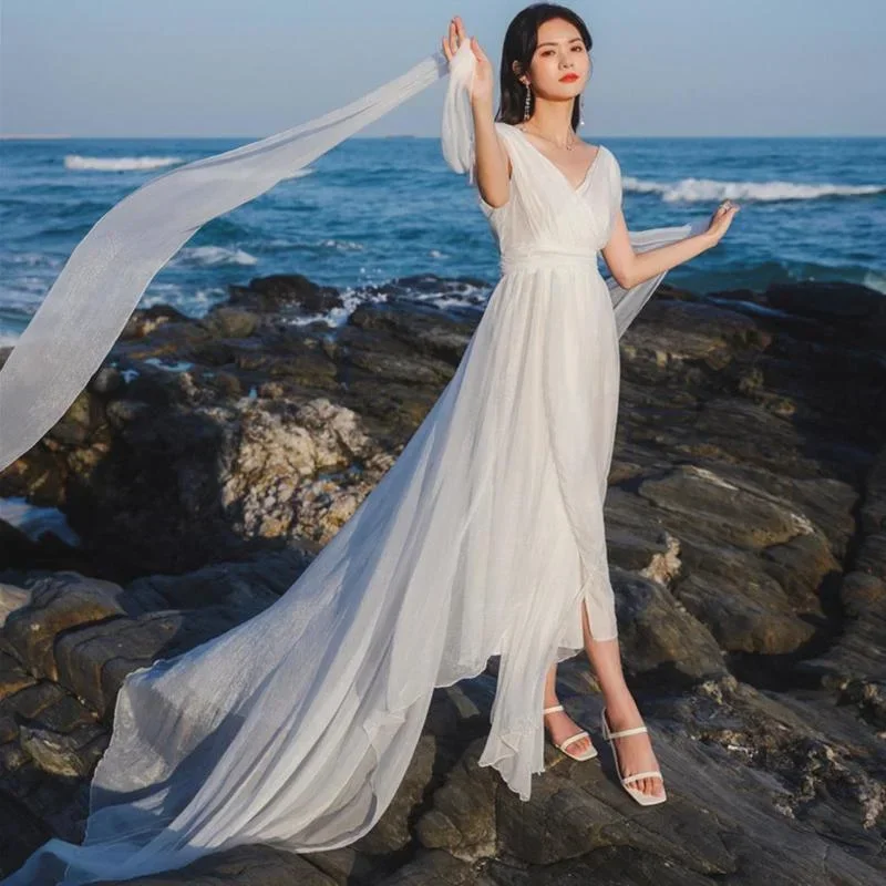 Super Fairy Maxi Chiffon Dress Women Elegant V-neck Sleeveless Big Swing Beach Dress Holiday Seaside Court Train White Dress