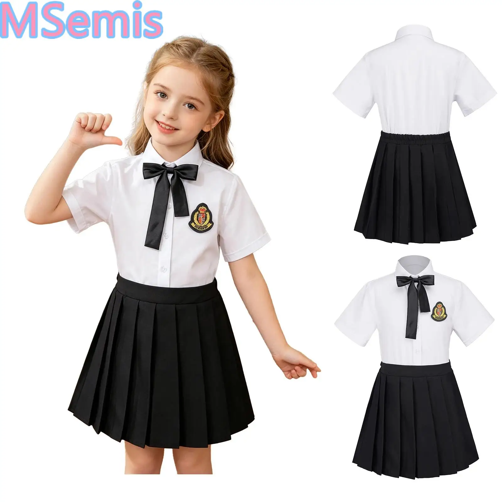 

Kids Girls School Uniform 5Year-14Year Sets Short Sleeve Shirt Skirt with Badge And Bow-tie Set for Formal Occasion Photography