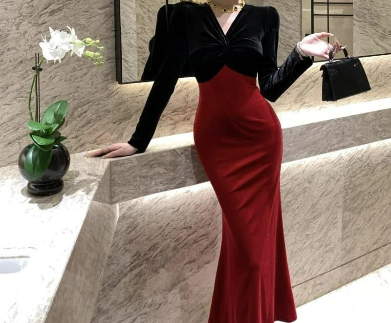

2025 Autumn and Winter New Cross Silk Golden Velvet Splicing Contrasting Color Dress Evening Dress Temperament Dress