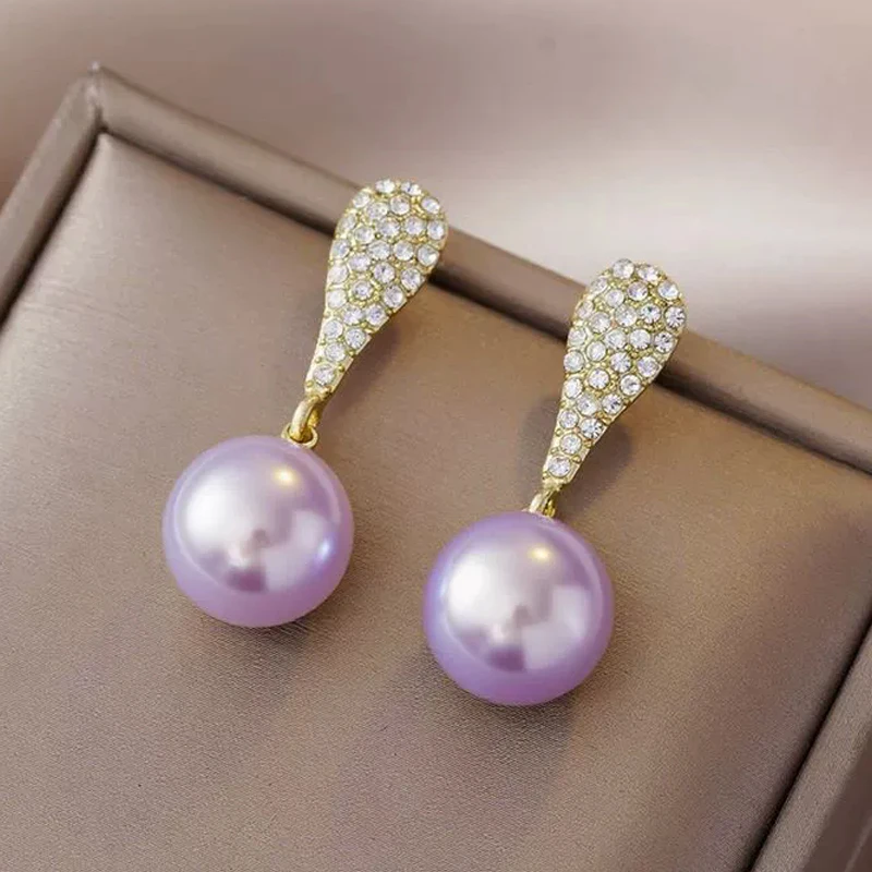 Elegant Purple Imitation Pearl Dangle Earrings for Women Fashion Rhinestones Water Droplet Drop Earrings Geometry Jewelry Gift