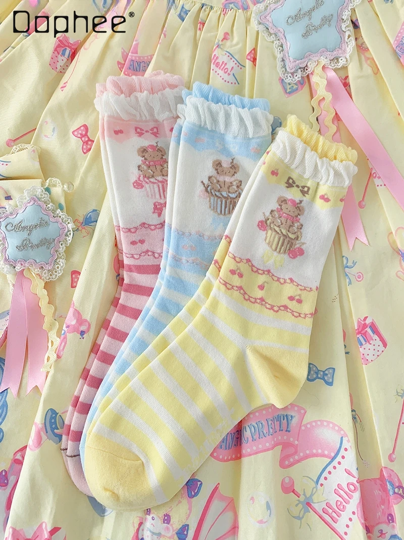 Calcetines de algodón con forma de oso para niñas, medias a rayas de tubo medio, uniforme con volantes de dibujos animados, regalo japonés Kawaii Harajuku para niñas