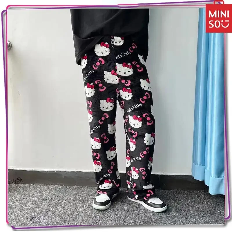 Nowy 2024 Miniso Sanrio Hello Kitty Melody Anime Y2K gorąca bielizna nocna domowe ciepło pluszowe spodnie damskie spodnie zimowe prezent na boże narodzenie