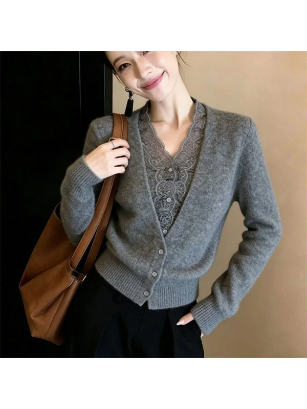 Gray Lace Trim Knitted Open Cardigan Women's Autumn Winter New Style Elegant Ageless Versatile Unique Top French Style Polyes...
