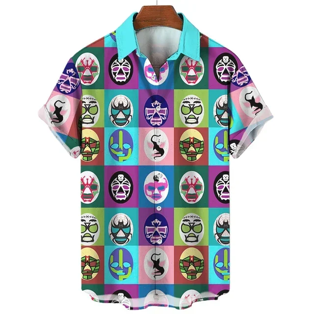 Men's Retro Shirt 3D Print Mexican Fighting Shirt Short Sleeve Cardigan Summer Top