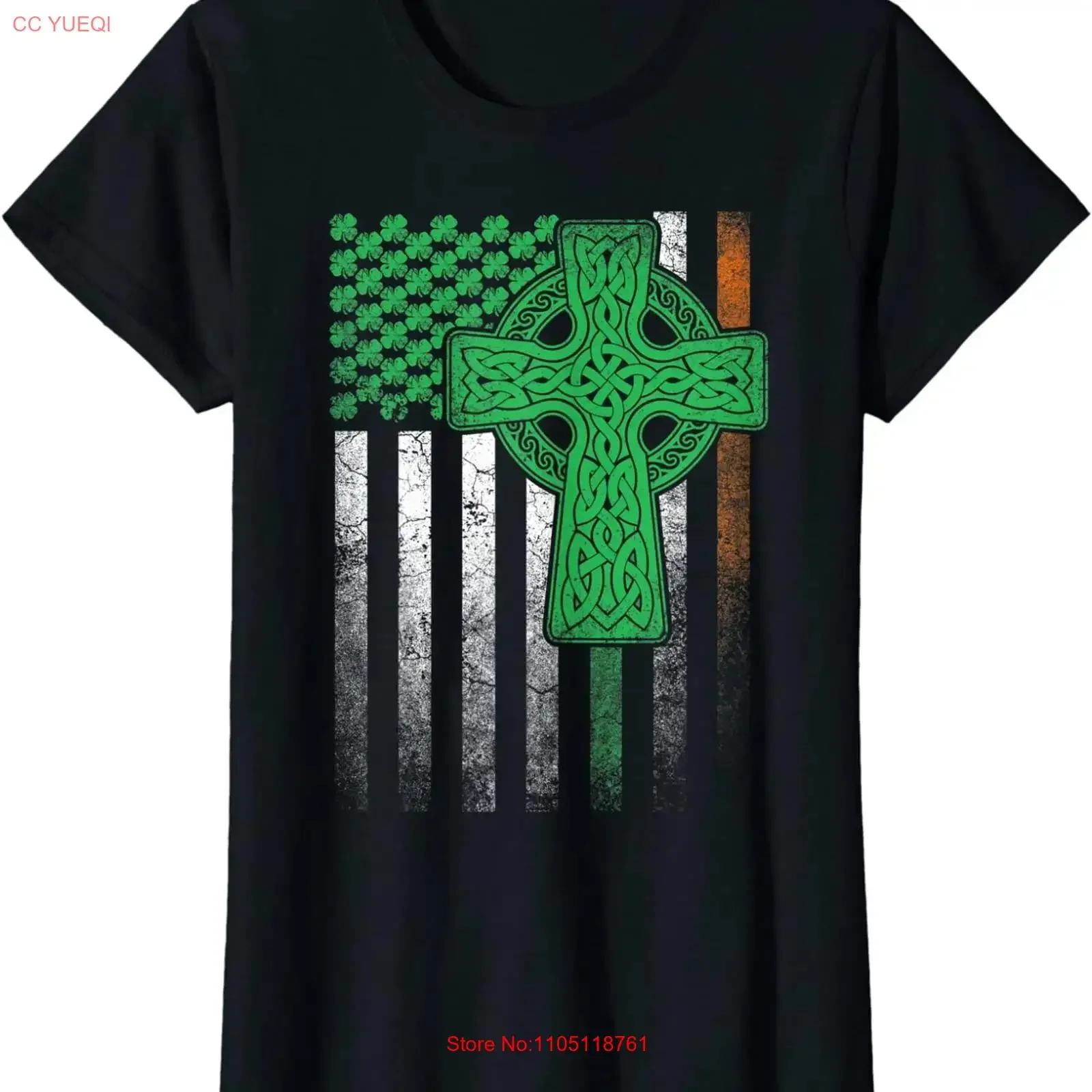 Irish American Flag Ireland St Patricks Day Ladies' Crewneck T Shirt long or short sleeves vintage Washed Versatile Soft Unisex
