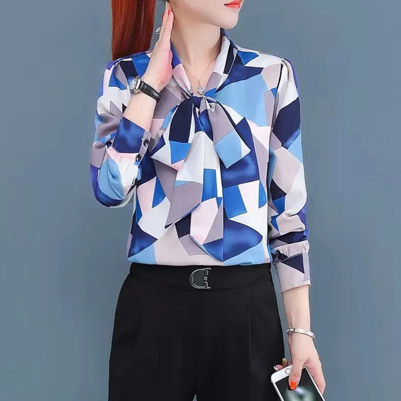 Women\'s Clothing Contrasting Colors Geometric Printed Blouse Spring Autumn Long Sleeve Scarf Collar Commute Button Bow Shirt New