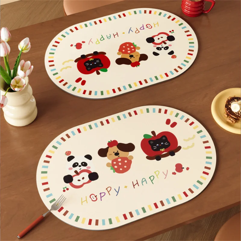2PCS Cartoon Animal Print PU Leather Placemat High-End Feel Small Table Mat Waterproof Oil-Proof Thermal Insulation for Home Use