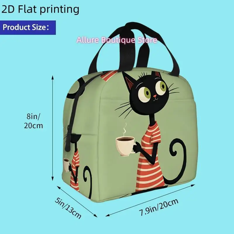 2D Flat Printing, 1pc, Black Cat in Striped Dress Sipping Coffee with Green Eyes. Printed Insulated Cooler Bag - Reusable Portab