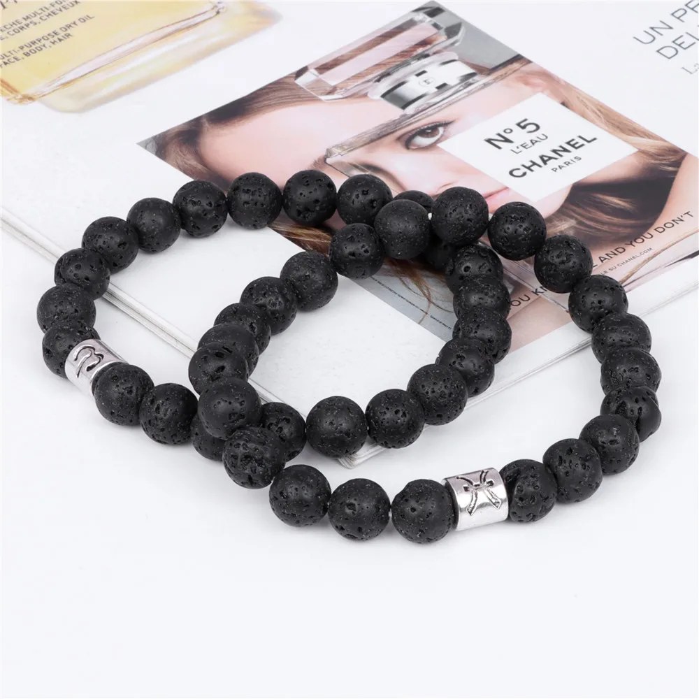 Black Volcanic Lava Rock Stone Bracelets 12 Constellations Zodiac Sign Charm Bangle Wristband Pisces Jewelry Gift For Women Men