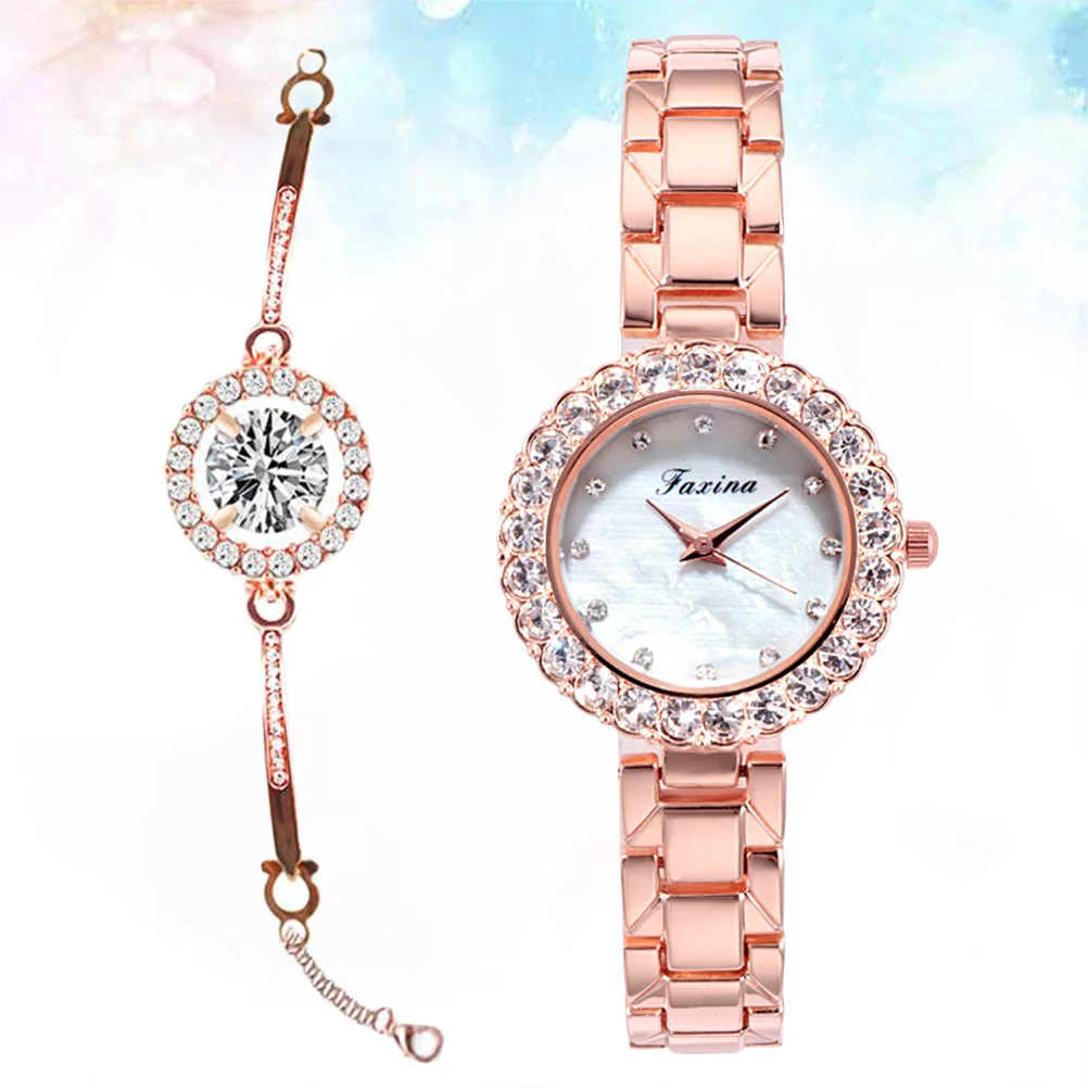 

2 pcs Handchain Watch Set Rose Golden Analog Bracelet Watch For Women Fashion Zircon Rhinestone Crystal Dial Scratch Resistant