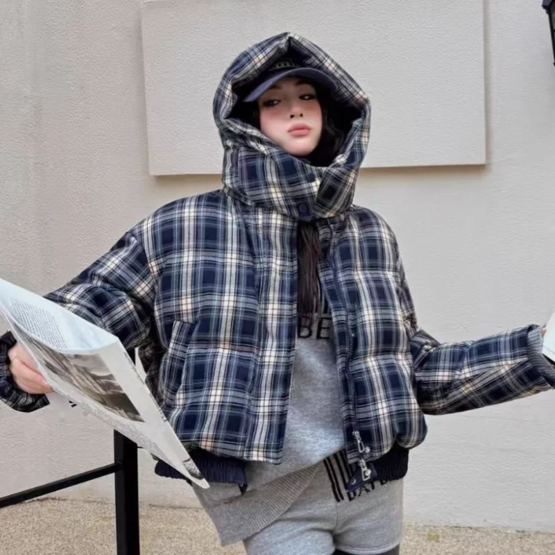Doudoune courte à carreaux pour femme, manteau chaud et amincissant, à la mode, coupe ample, nouvelle collection hiver 2025