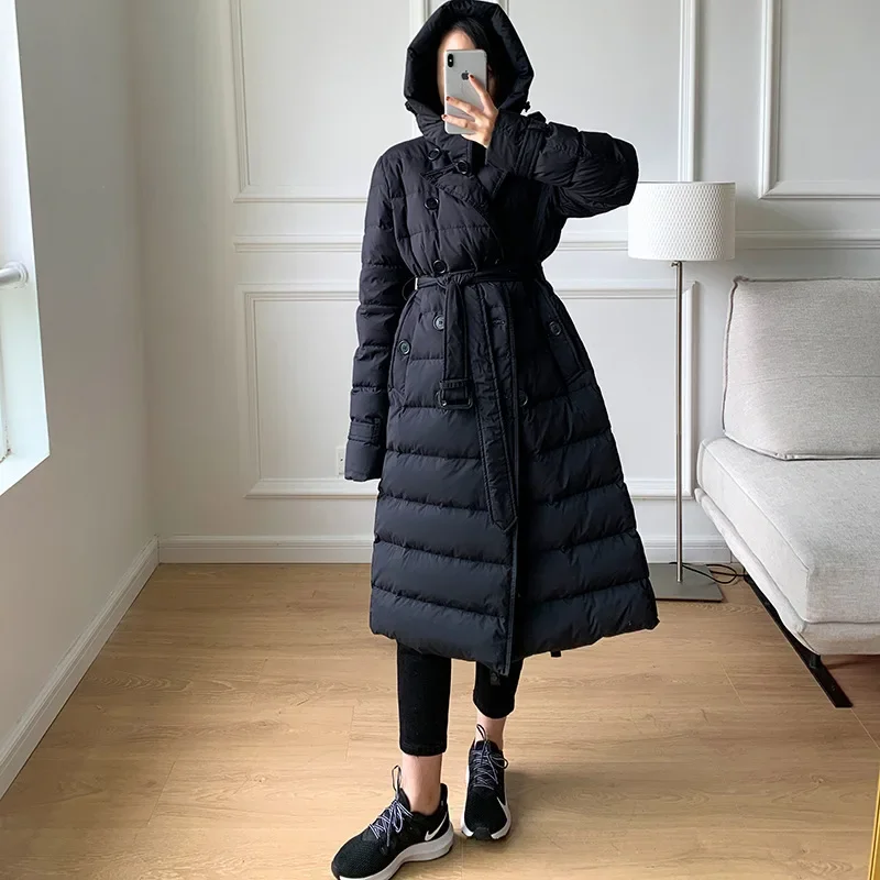 Winter New 90% White Duck Down Jacket Women 2024 Long Luxury Double Breasted Coat with Belt Thick Warm Hooded Windproof Parkas