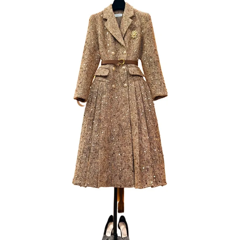 

Shiny Sequins Refinement Original Light Luxury Designer Elegant Temperament Slim Fashion Waist Dress Temperament Commuting Coat