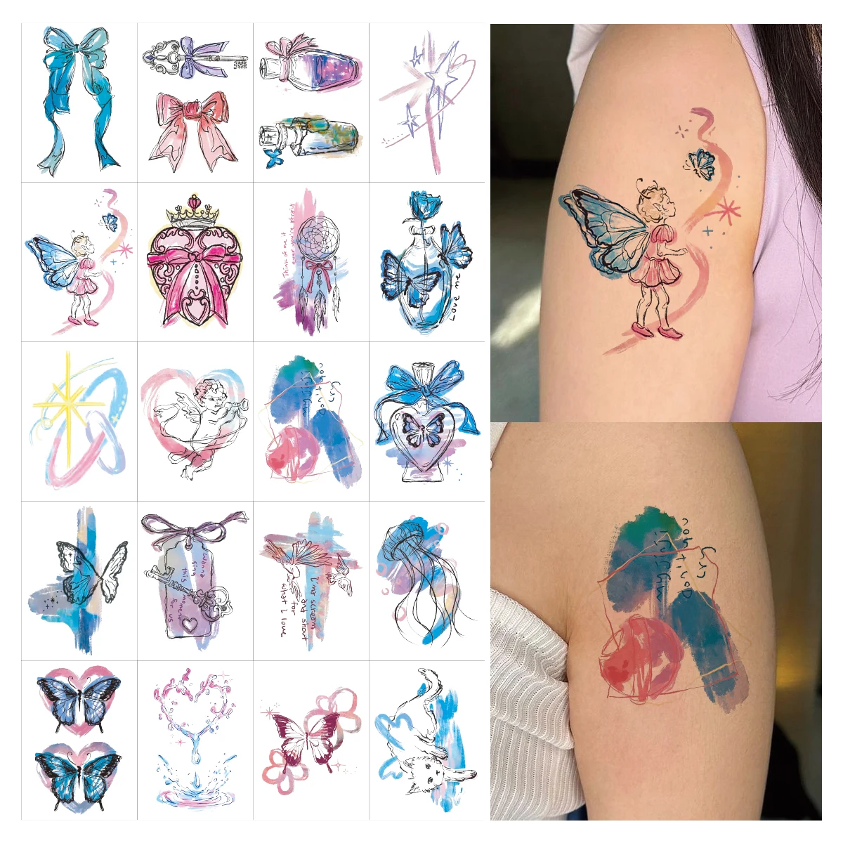 4pcs New Y2K Angel Butterfly Heart Pattern for Women Girls English Letter Design Fashion Semi Permanent Tattoo Sticker