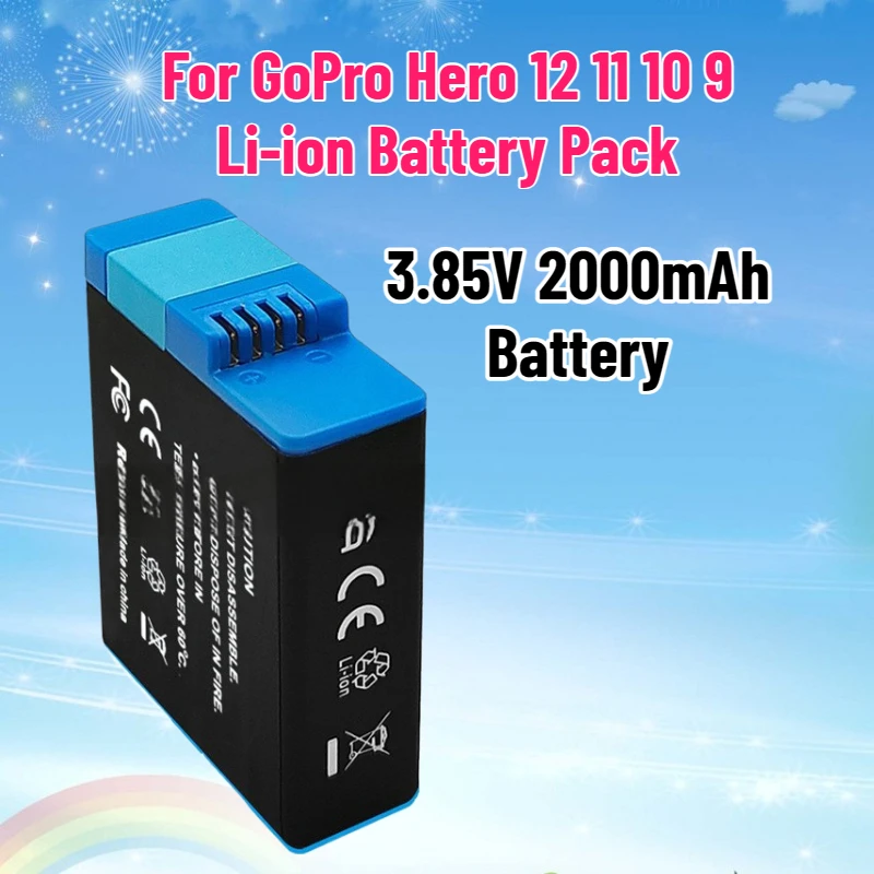 

3.85V 2000mAh Battery for GoPro Hero 12 11 10 9 Li-ion Battery Pack Motion Camera Battery Storage Rechargeable