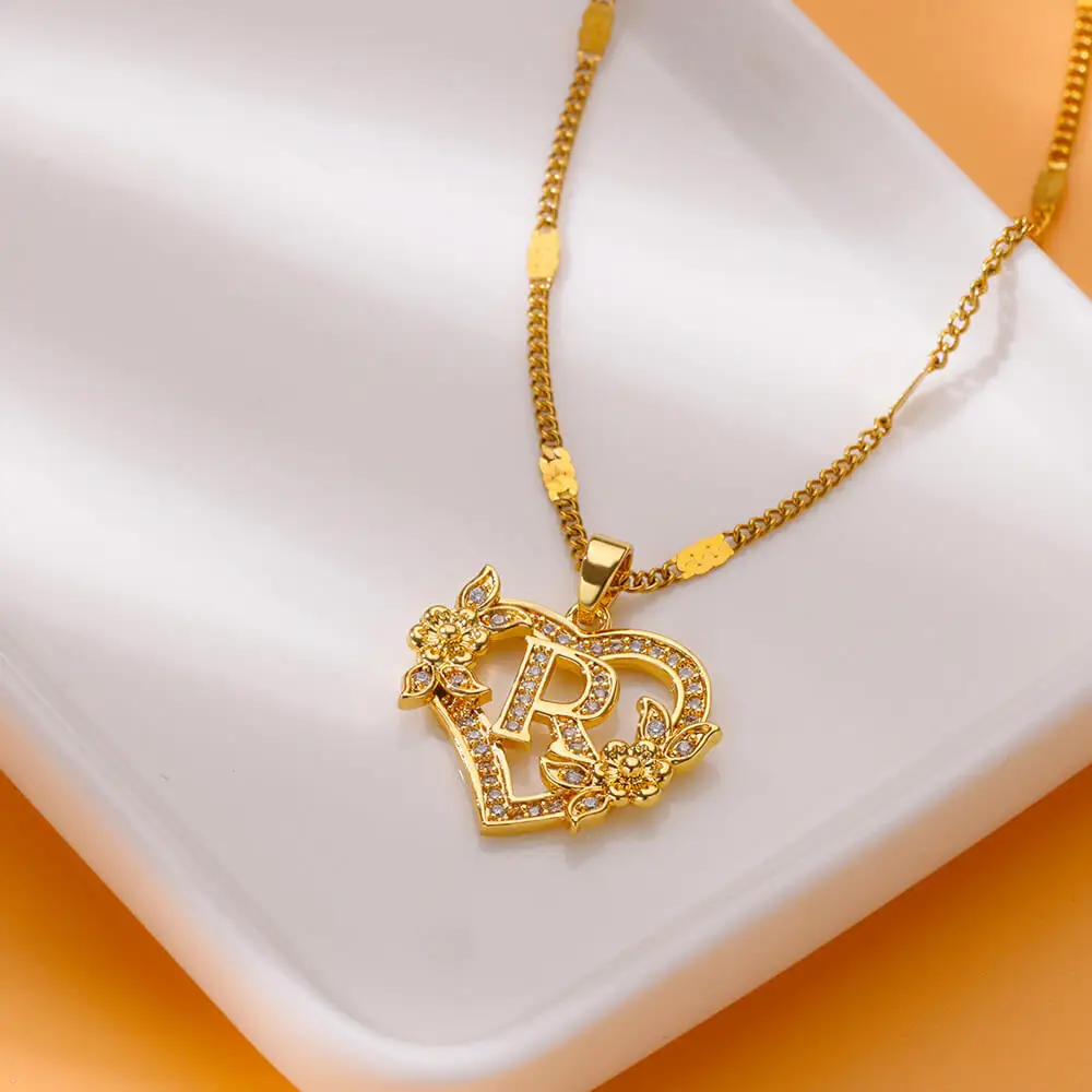 Heart Initial Letter Necklaces for Women Gold Color Dainty Flower Stainless Steel Necklace Alphabet Jewelry Freeshipping Item