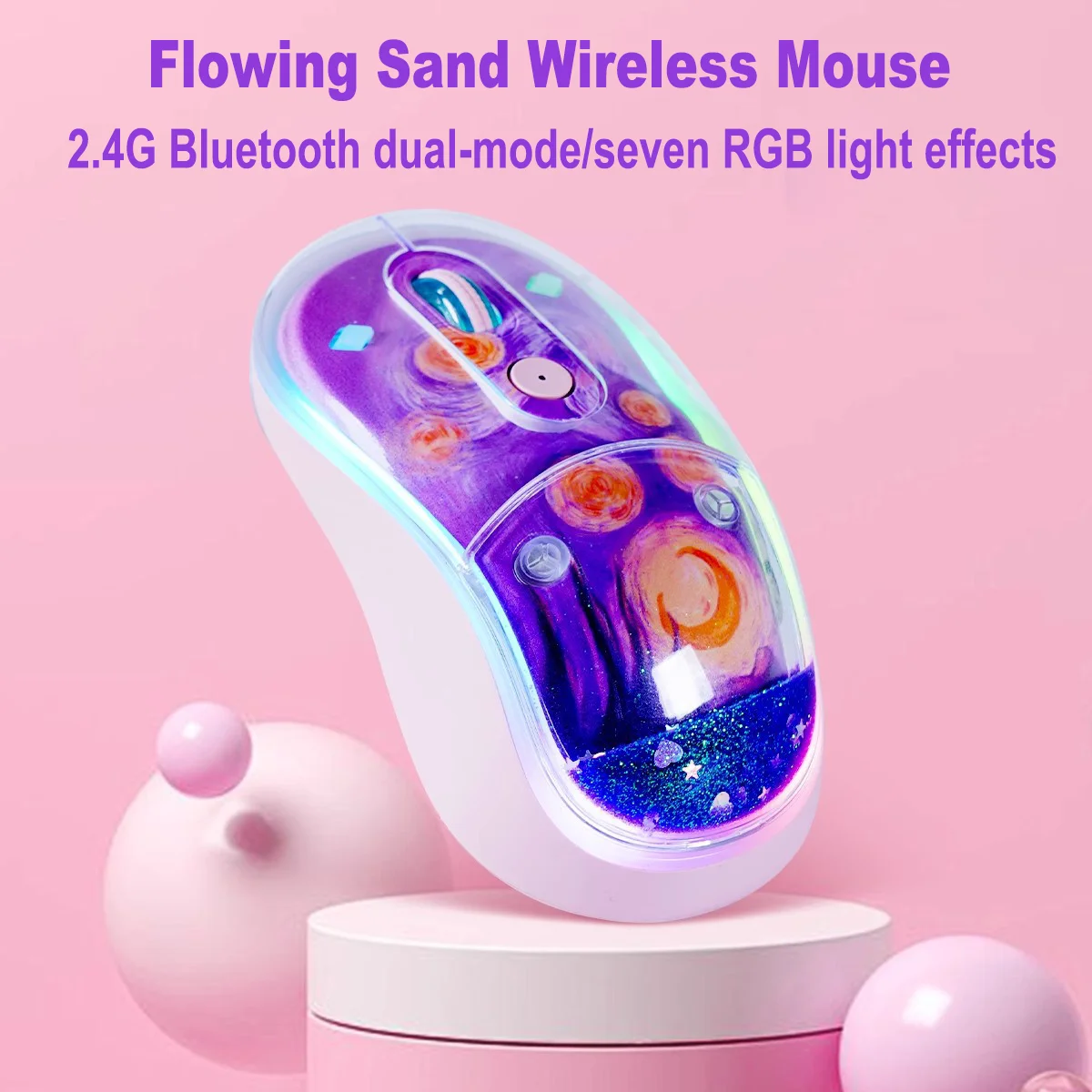 

Flowing Sand Creative Mouse 2.4G Bluetooth Dual Mode Mute Click RGB Light Effect Type-C Rechargeable Mice Gamers Peripheral