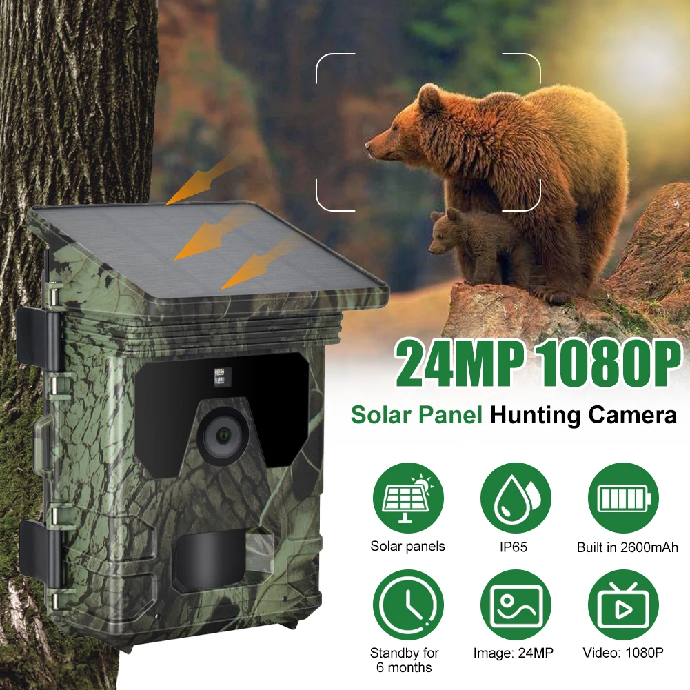 Solar Trail Camera 24MP 1080P Solar Power Hunting Camera Infrared Night Vision Wildlife Observation Camera Video Photo Recorder