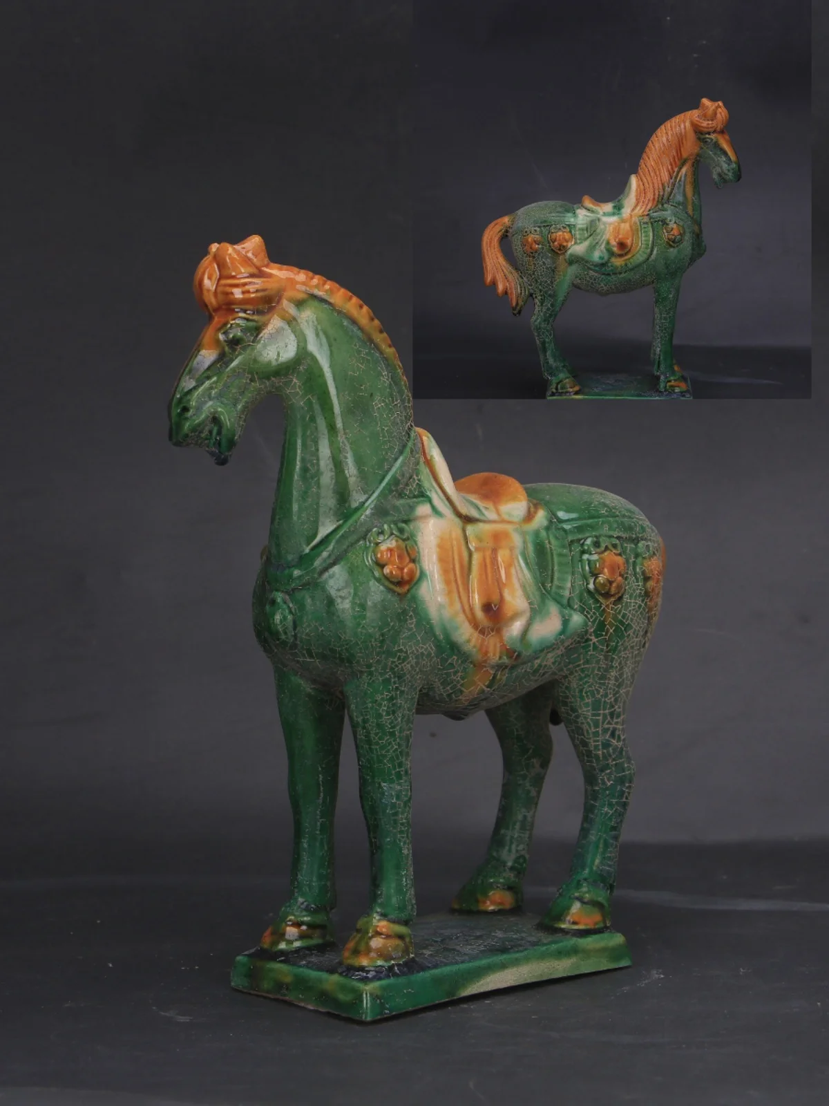 Tang Sancai Home Retro Old Objects Collection Decoration Tibetan Green Glaze Colored Head-up Horse Antique Porcelain Ornaments