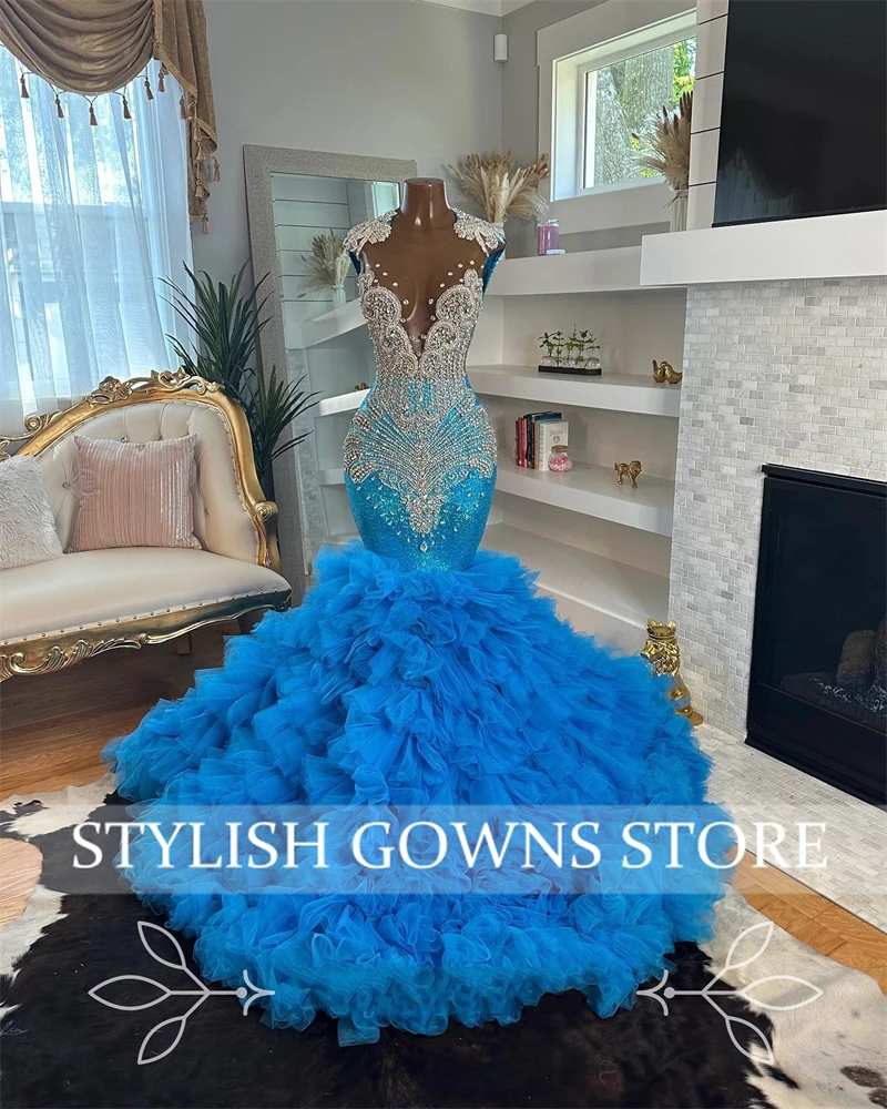 Blue Sheer O Neck Long Prom Dress For Black Girls 2024 Beaded Crystal Rhinestone Birthday Party Dresses Ruffles Evening Gowns