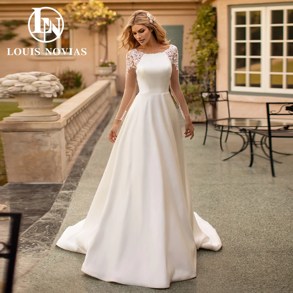 

LOUIS NOVIAS Свадебные платья с длинными рукавами для женщин, высокое качество, атласное свадебное платье трапециевидной формы с аппликацией SCOOP, Vestidos De Novia