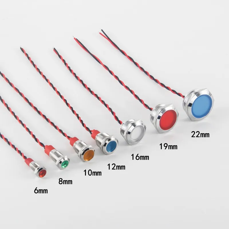 LED Metal Indicator Light Waterproof IP67 6/8/10/12mm Sizes Dual-Color 12V/24V Power Signal Light Tri-Color 220V