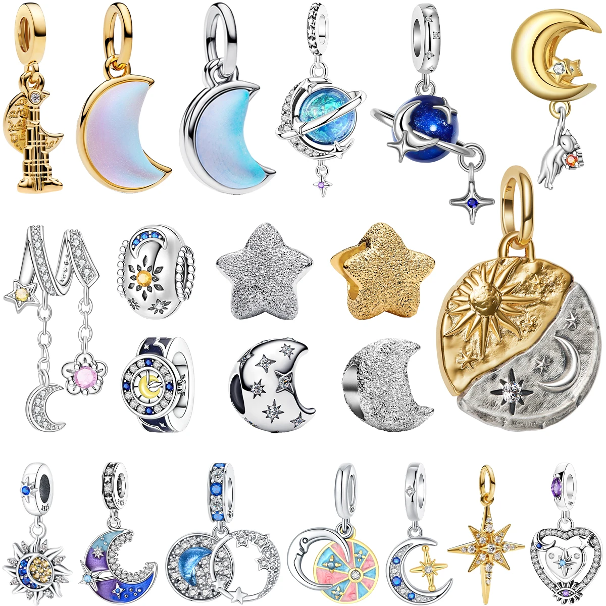 

Hot Sale Original 925 Sterling Silver Star & Moon Charms Earrings Ring Beads Pendant Fit Bracelet Necklace DIY Fine Jewelry Gift