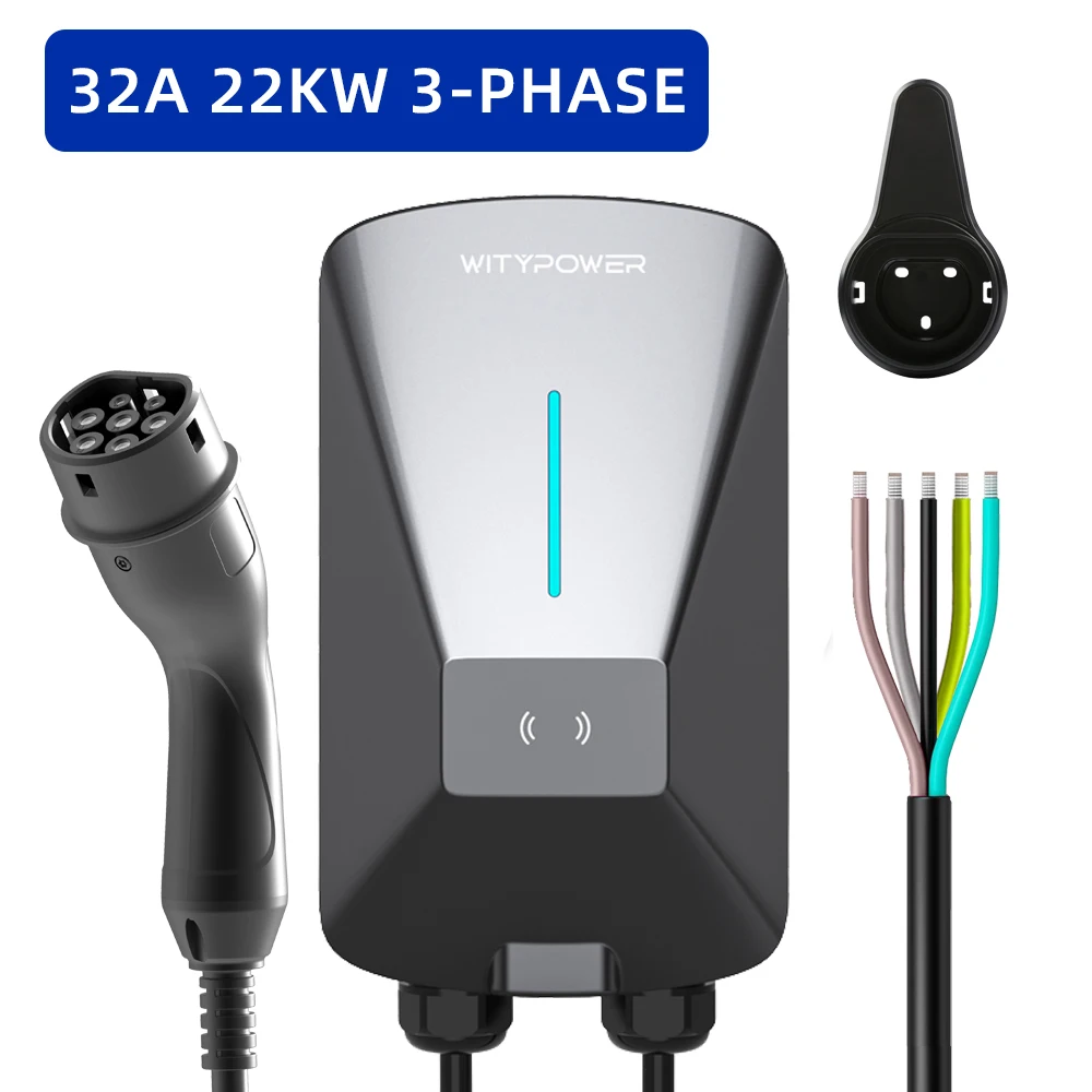 Witypower EV-laadstation voor Type 2 auto's, APP-besturing, 7 kW 1-fase elektrische autolader, 22 kW 3-fase RFID-kaart oplaadterminal