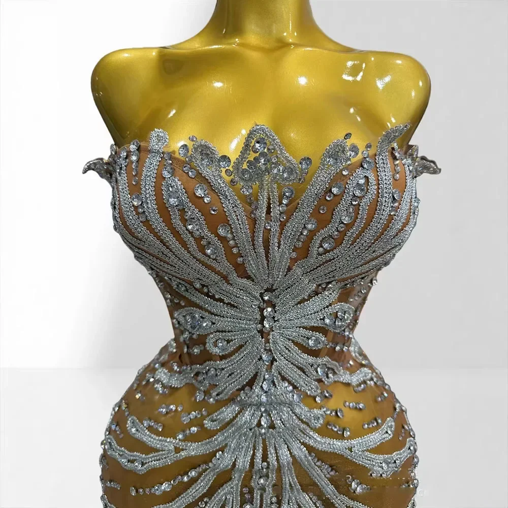 Chic Strapless Hot Diamond Embroidery Mesh See Through Bodycon Mini Dress Sexy Backless Party Stage Performance Gown Vestidos