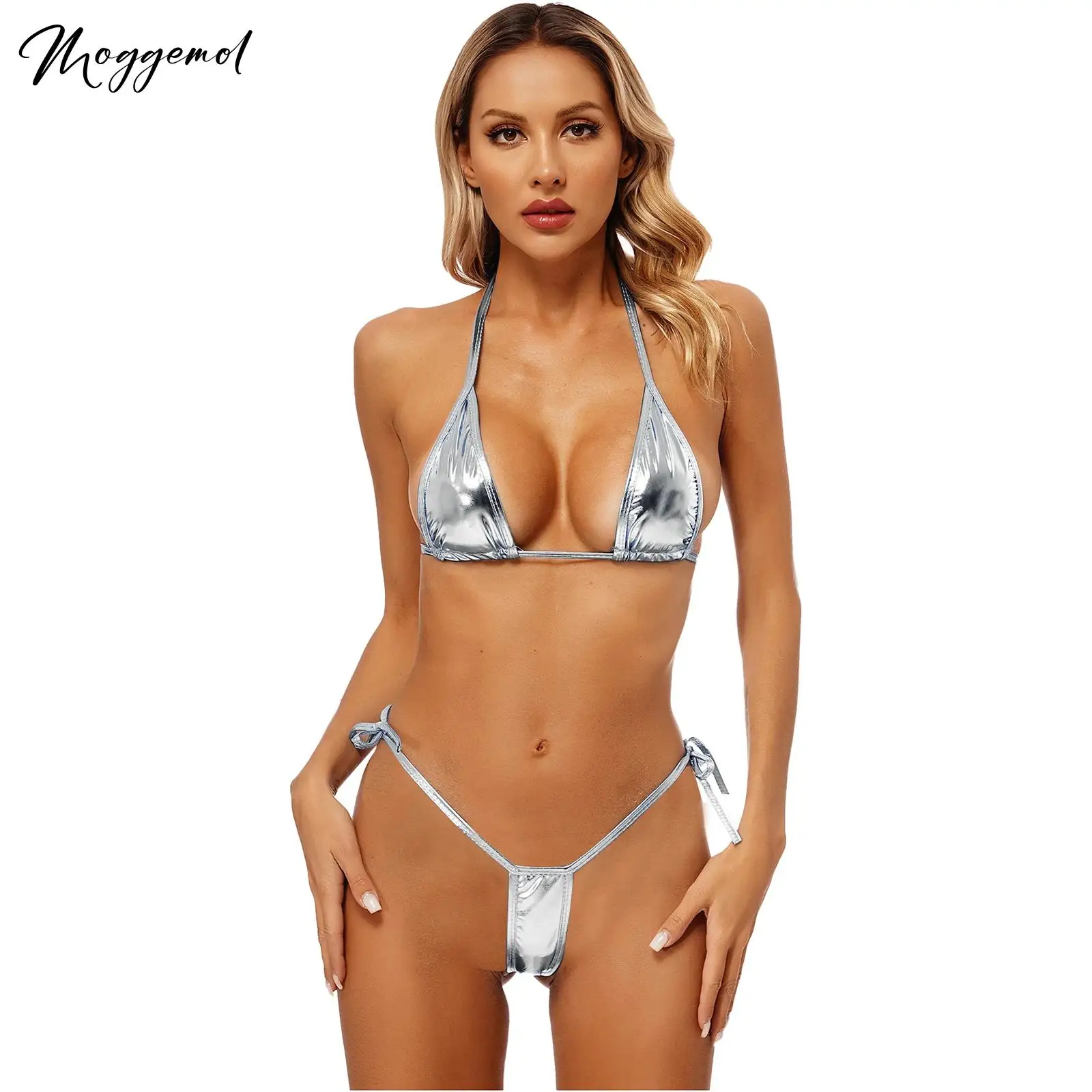 Womens Brazilian Micro Bikini Set Swimsuit Swimwear Beachwear Shiny Biquini Set Non-Padded Triangle Cup Bra Top with Thongs