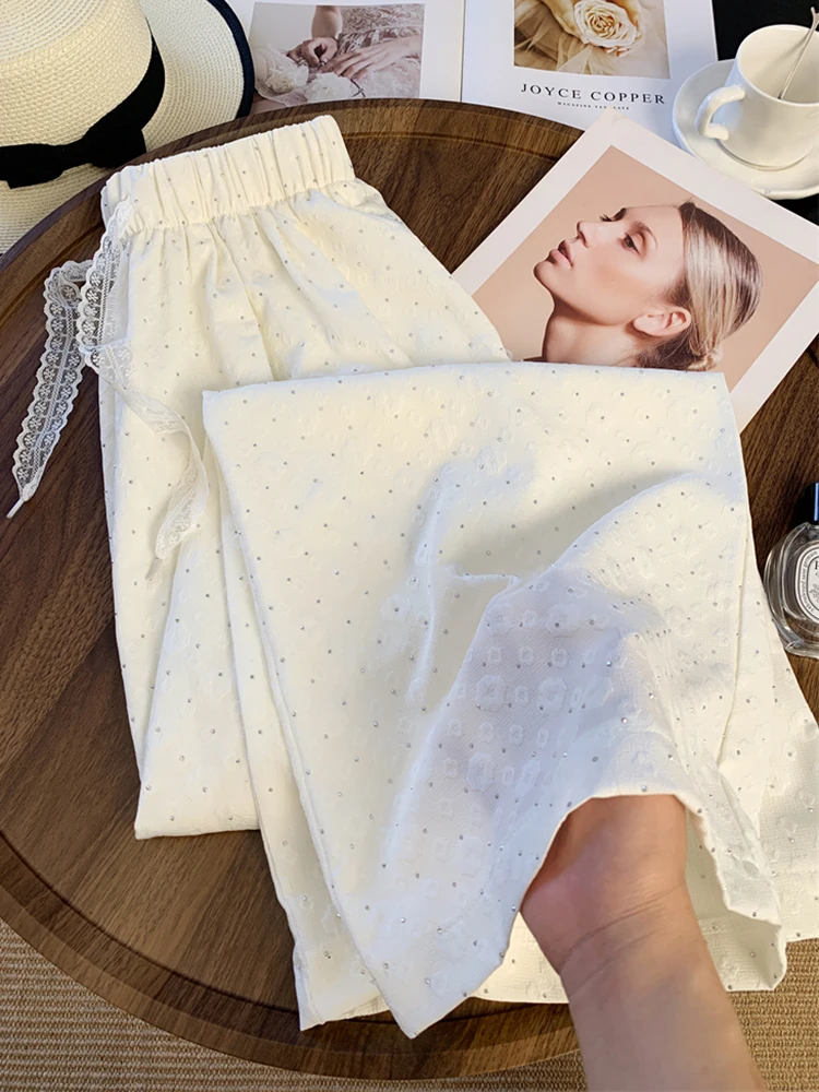 Zoki-pantalones de pierna ancha con diamantes para mujer, pantalón elegante, holgado, de cintura alta, a la moda, informal, con cordones coreanos, dulces, para verano