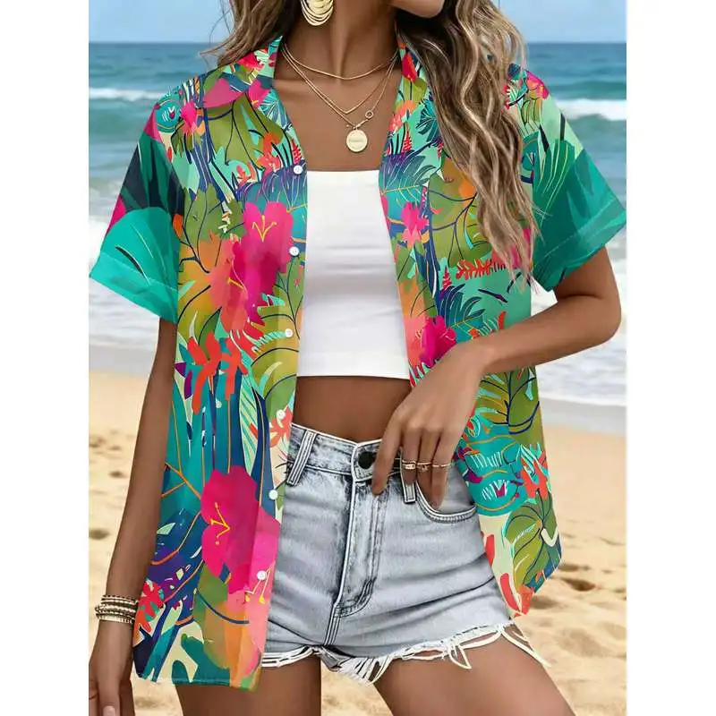 Women's Casual Short Sleeve Button Up Shirt Tropical Floral Leaf Patterns Vibrant Colors Machine Washable Stylish Top