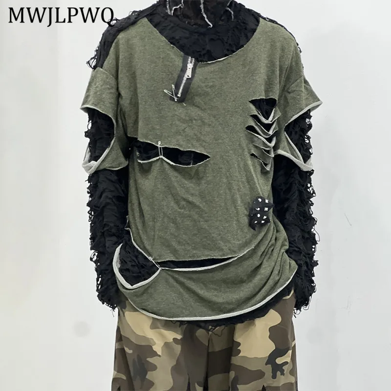 

MWJLPWQ Футболка с дизайном Green Hole Niched для мужчин High Street Металлическая булавка на молнии с коротким рукавом Женский свободный повседневный топ 2025 Новинка 11433