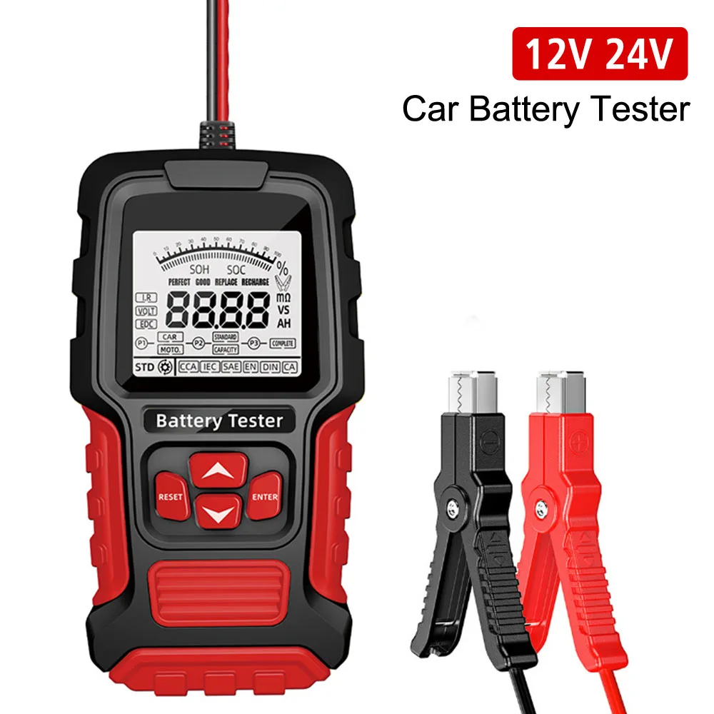 Tester akumulatorów samochodowych LCD cyfrowy test akumulatora kwasowo-ołowiowego dla pojazdu ciężarowego motocykl SUV 12V 24V narzędzie