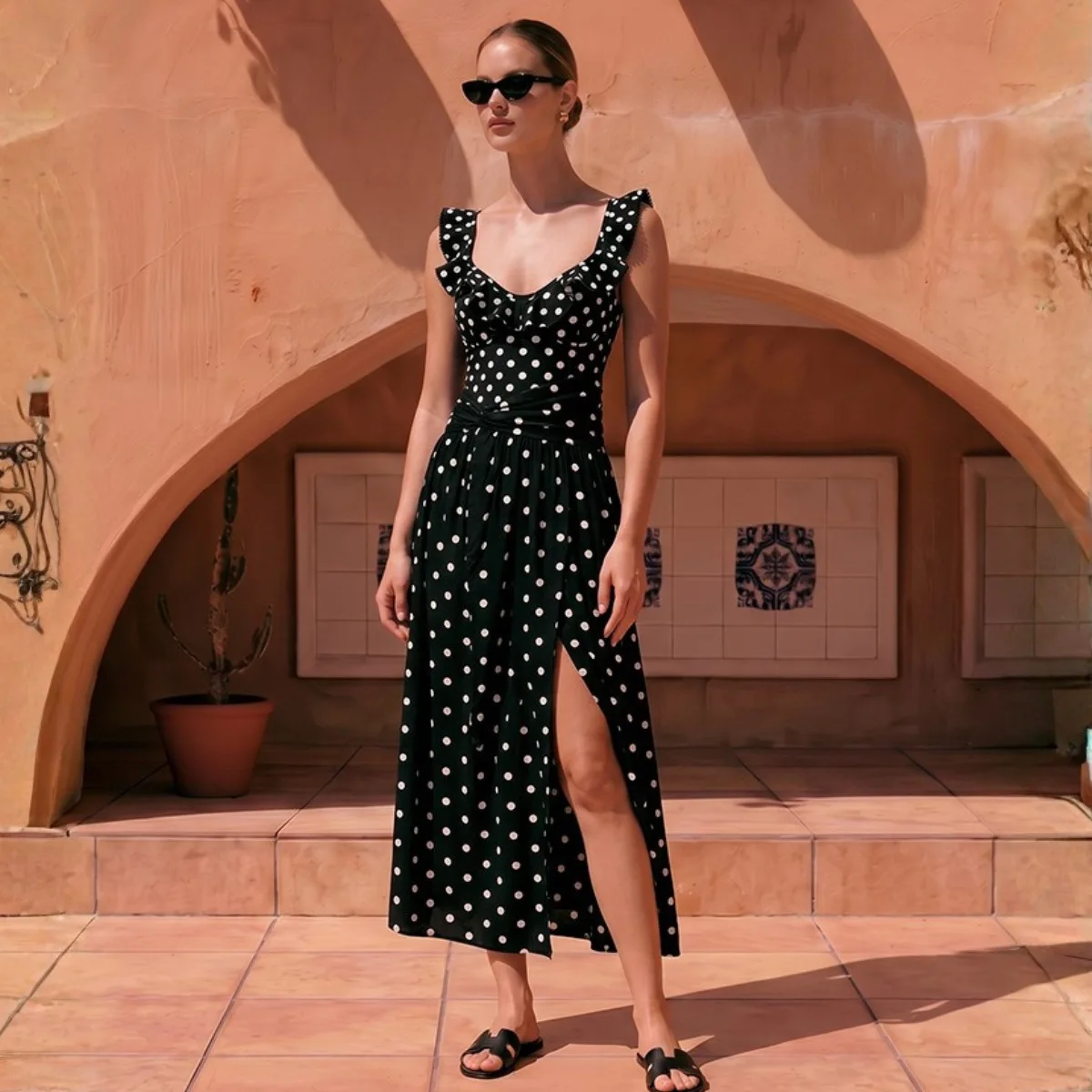 2026 Women 2 Piece Polka Dot Swimsuit Ruffle One Piece Bathing Suit With Long Wrap Skirt Cover Up Beach Swimwear Brazil Summer