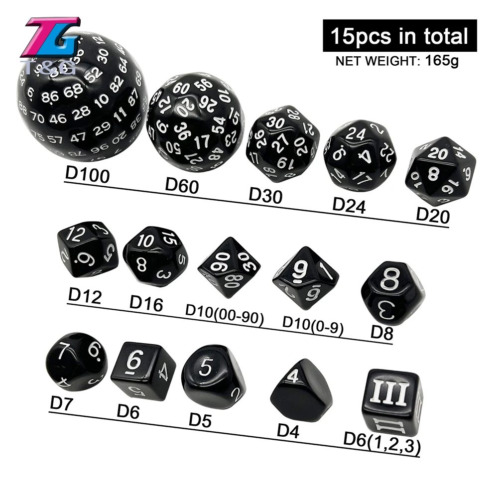 Polyhedral Dice Set DND Cubes POP D3-D100 Acrylic Dice Sets 15 Pcs With Cloth Bag For Gift DND Game RPG Board Game Accessories