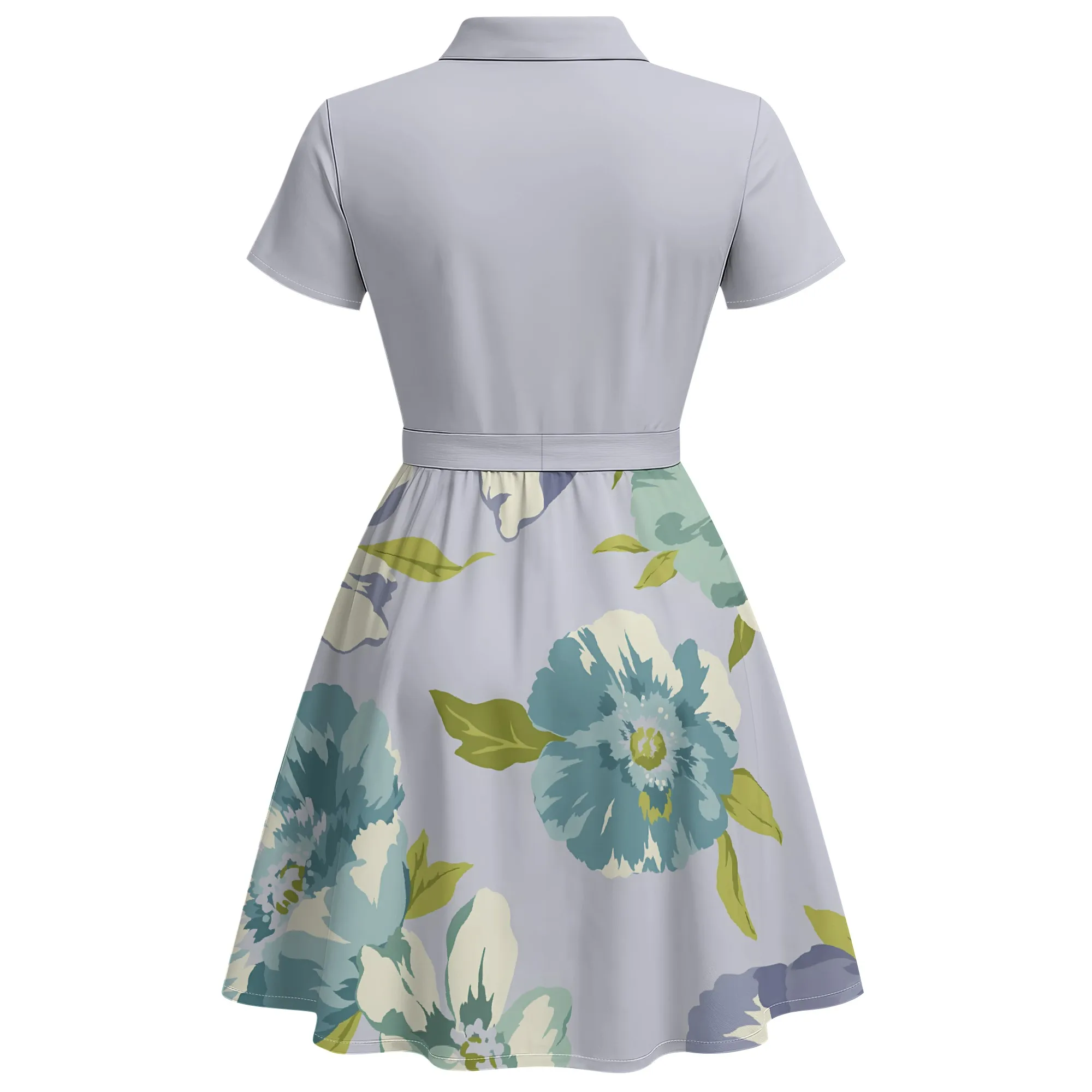 Nupusa Olive Green Rose Print Patchwork Dress for Women Regular Size Summer Casual Shirt Collar Short Sleeve Belted Midi Dress