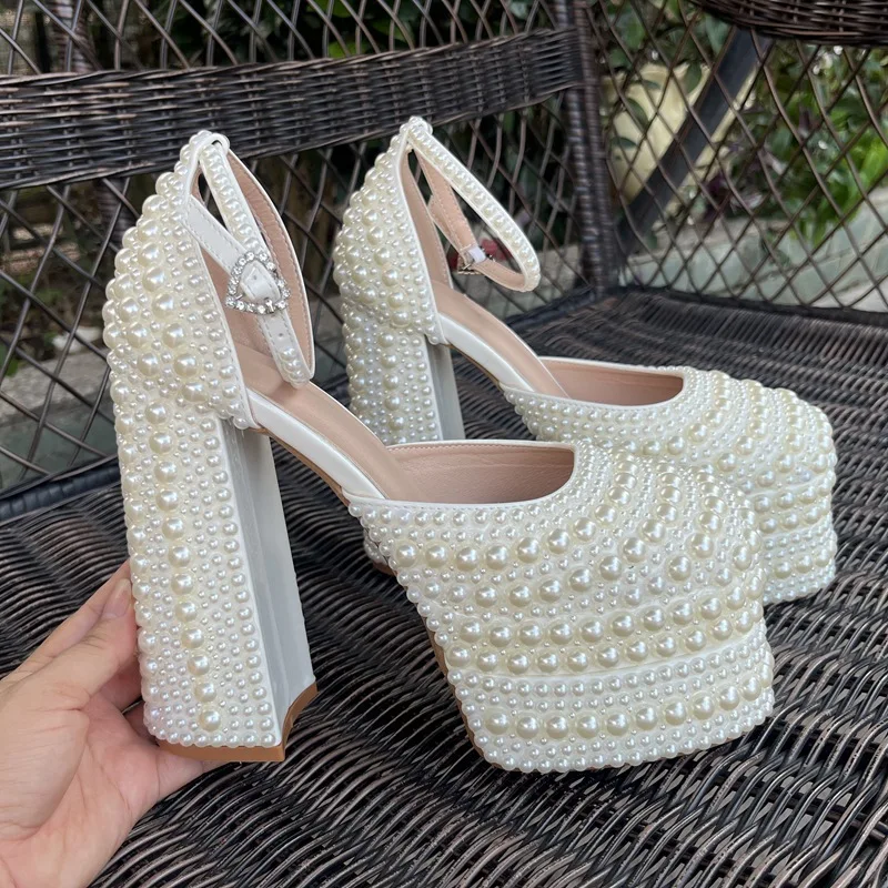 2024 Handmade Beaded Thick Heel Round head Sandals 35-41 High Heel Waterproof Platform Women\'s Shoes Wedding Dress Luxury Pearl