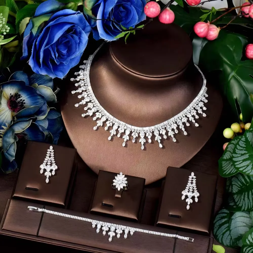 

HIBRIDE Korean polished water drop bridal women set decorations necklace earrings wedding party dress romantic jewellery S-390