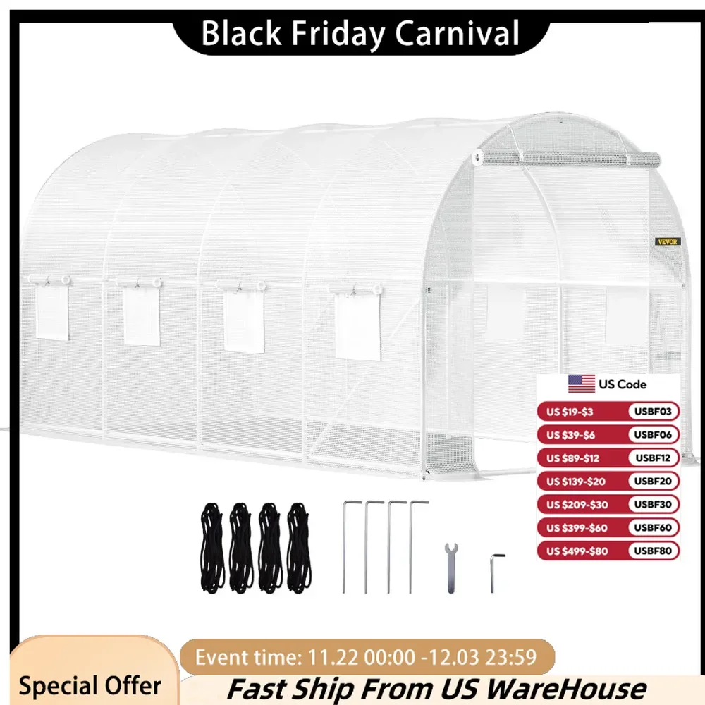 15 x 7 x 7 ft Walk-in Tunnel Greenhouse, Portable Plant Hot House w/ Galvanized Steel Hoops, 1 Top Beam, Diagonal Poles,