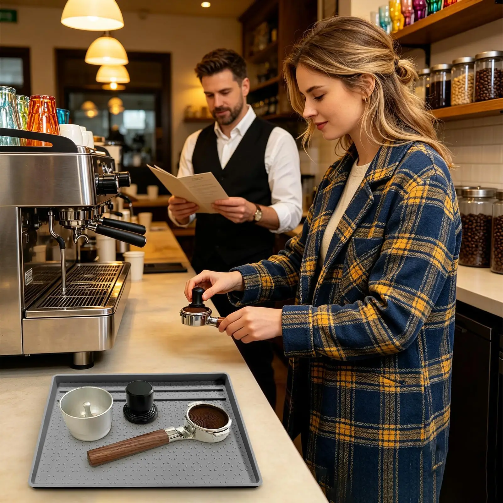 2-in-1 Silicone Coffee Bar Mat - Large Non-Slip Counter Protector 8x12inch Heat Resistant for Espresso/Cafe/Home Kitchen