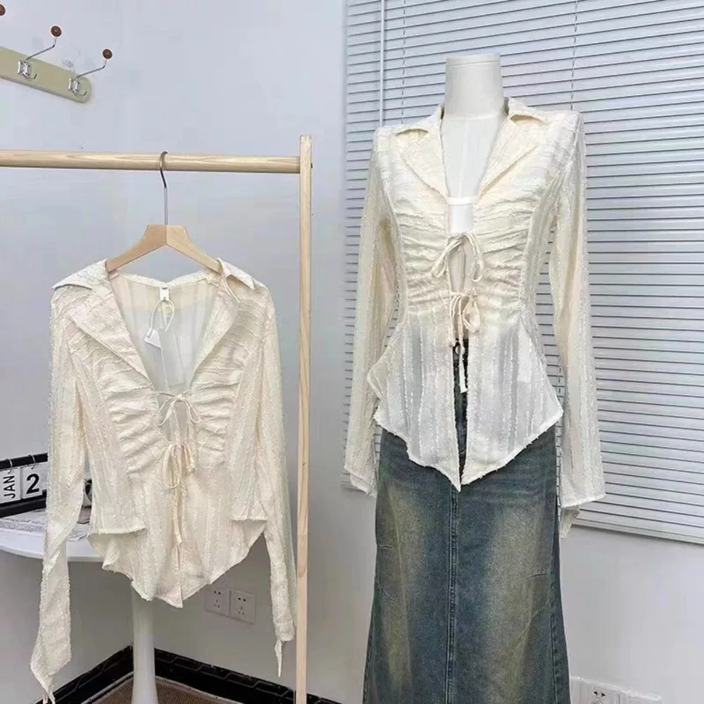 Sweet V-neck Chiffon Sunscreen Shirt Lace-up Loose Beige Shirt Women Irregular Ruffle Long Sleeve Shirt Party