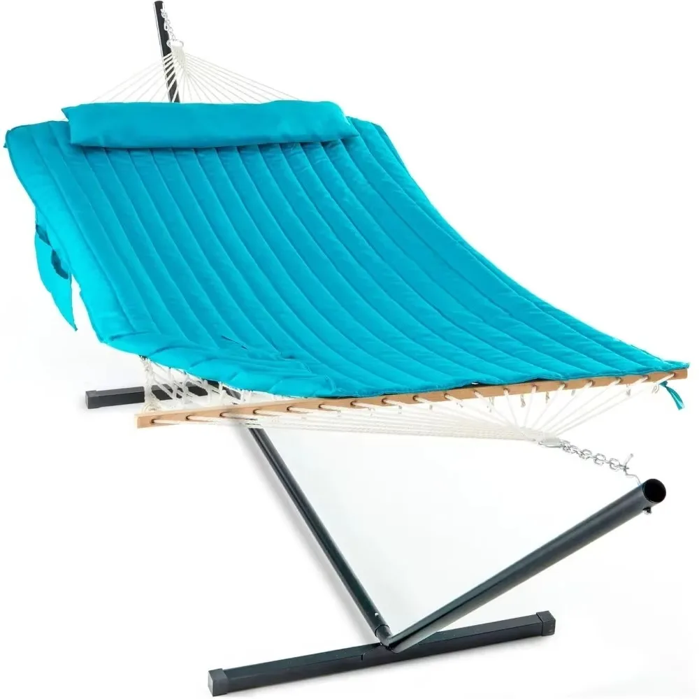 

Double hammock with stand, rope hammock with polyester pads for 2 people, 12ft stand, extra pillows, storage side pockets