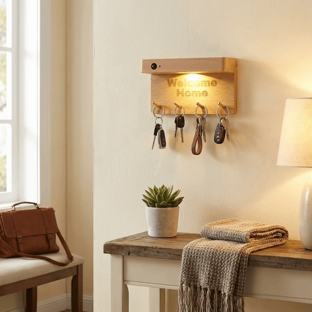 

Настенный светильник с датчиком движения из дерева, чувствительный к движению, с отделкой под натуральное дерево, органайзер для ключей, на батарейках