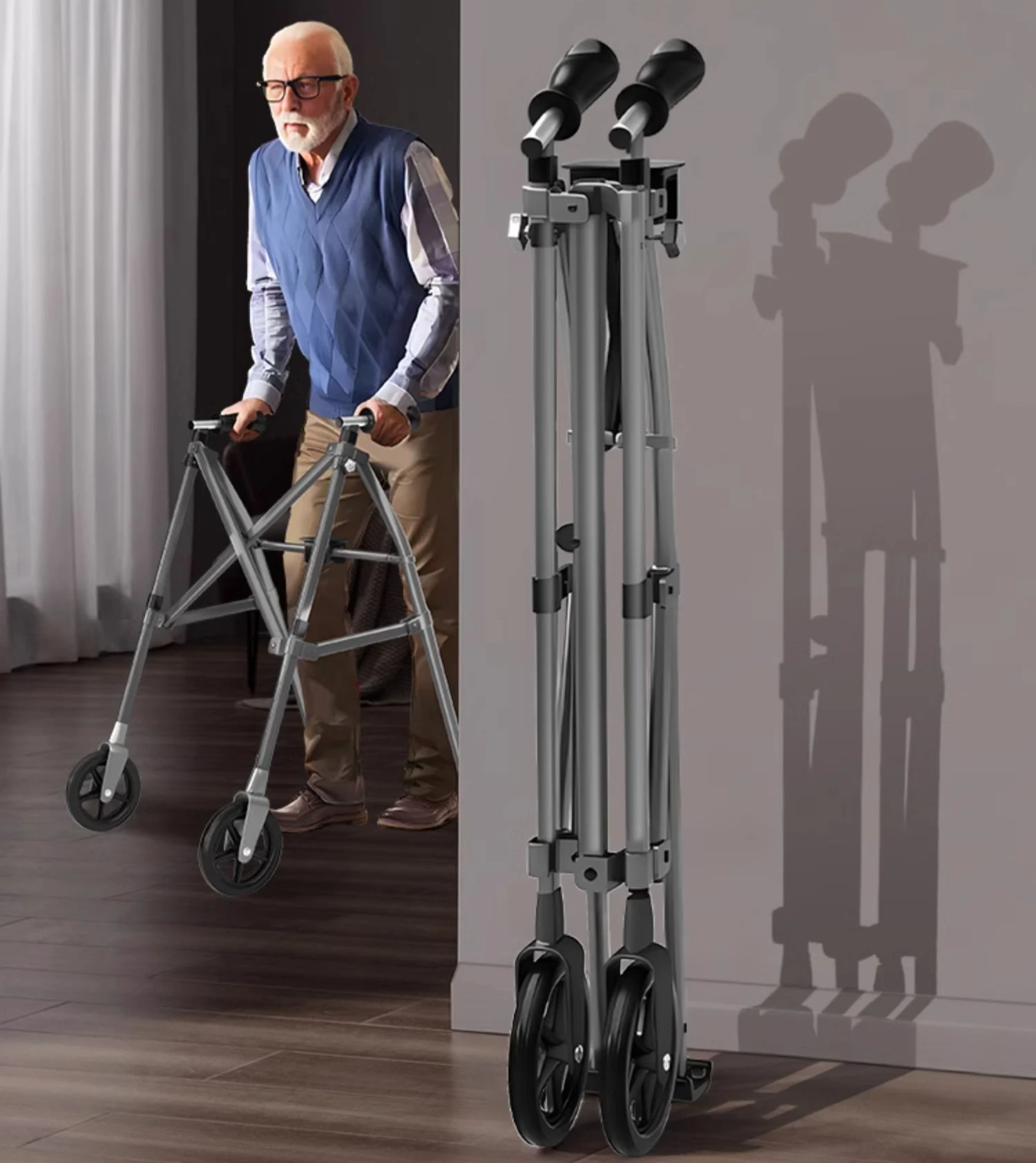 Elderly walker  1 second fold rehabilitation walker walking stick shopping cart armrest training health Crutch