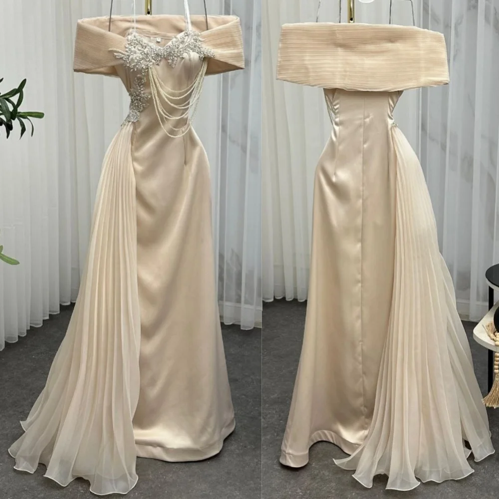 

Customized Modern Style Charmeuse Sequined Pleat A-line Off-the-shoulder Long Dresses Bespoke Occasion Sexy