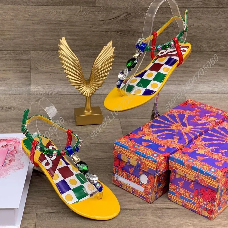 

Plaid Graffiti Yellow Roman Sandals Women's Flat Shoes Summer Stone Crystal Green Buckle Open Round Buckle Shoes Beach Vacation