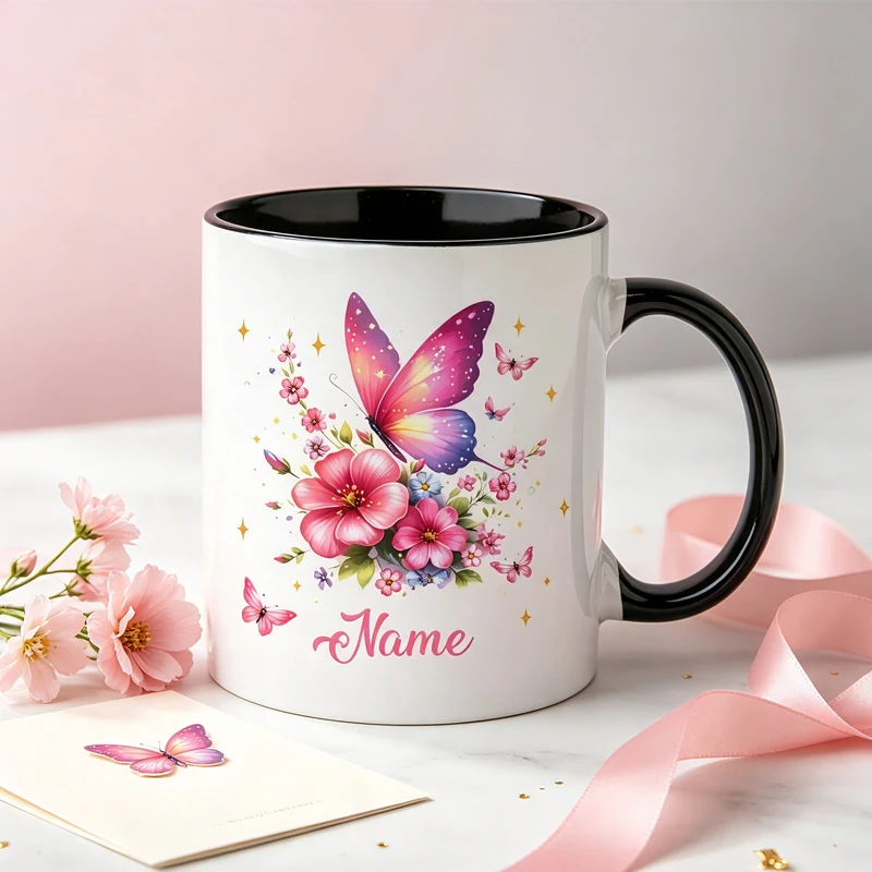Personalized ceramic mug, featuring a large pink and purple butterfly, a custom-named coffee mug – the perfect gift for family.