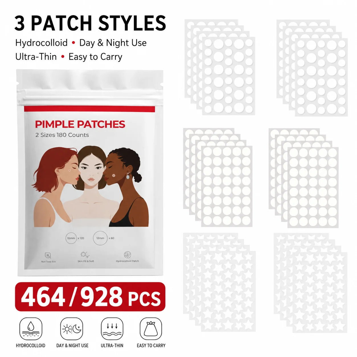 464/928 PCS Hydrocolloid Pimple Patch – Invisible, Ultra-Thin Spot Cover, Gentle & Day/Night Use, Easy Carry