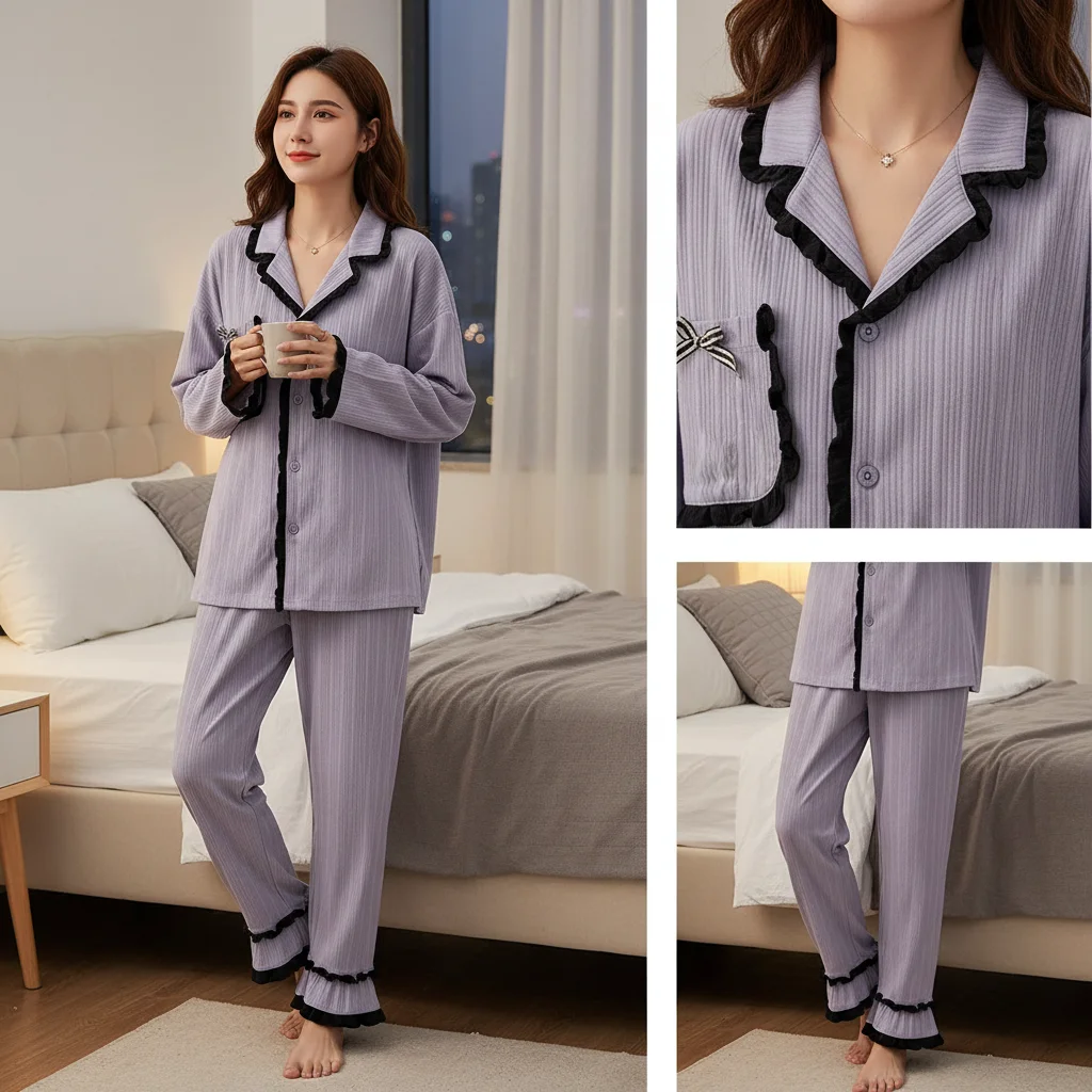 

Pajamas for Women Set Lounge V-Neck Soft Spring Pj Sets for Woman Fashion Design 2PCS/Set Purple Color